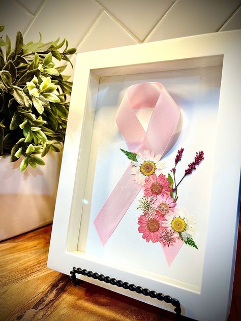 Pink Ribbon Crafts, Pressed Florals, Ribbon Style, White Shadow, Awareness Ribbons, Real Flowers, Pink Ribbon, Pressed Flowers, Shadow Box