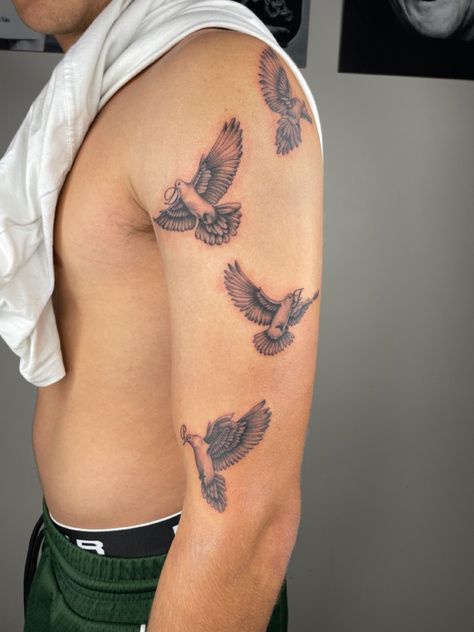 Dove Men Tattoo, Mens Dove Tattoo Ideas, Dove Shoulder Tattoo Men, Men Dove Tattoo, Bird Angel Tattoo, Biblical Tattoo Ideas For Men, Dove Tattoo Men Sleeve, Small Doves Flying Tattoo, Christian Mens Tattoo