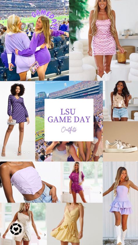 Purple And Yellow Gameday Outfit, Gold Game Day Outfit, Purple Gameday Outfit, Lsu Tailgate Outfit, Purple Game Day Outfit, Lsu Game Day Outfit, Football Jersey Dress, College Game Day Outfit, Girls Football Outfit