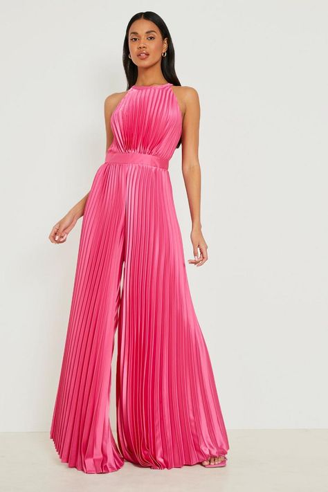 Pleated High Neck Wide Leg Jumpsuit | boohoo Pleated Dress Formal, Pleated Fabric Dress, Pink Suits Women, Formal Wedding Guest Attire, Formal Romper, Reign Fashion, Flowy Jumpsuit, Dance All Night, Bright Color Dresses