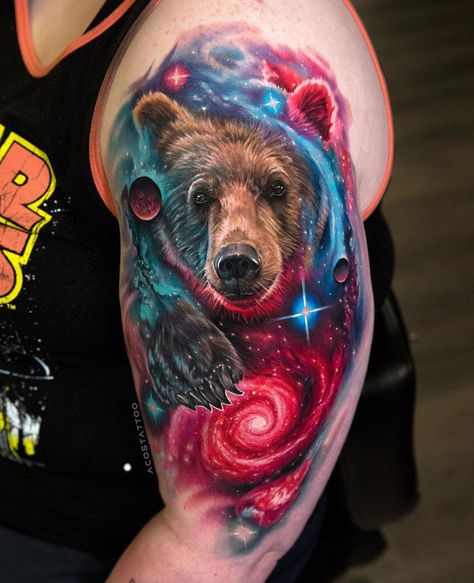 Space Bear by Andrés Acosta, artist and owner of Acostattoos in Austin, Texas. Space Bear, Bear Tattoo Designs, Galaxy Tattoo, Bear Tattoos, Bear Tattoo, Space Tattoo, Best Tattoo Designs, Tattoos Ideas, Animal Tattoos