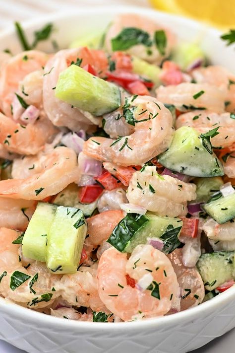 Creamy Shrimp and Cucumber Salad Creamy Cucumber And Shrimp Salad, Shrimp Cucumber Dill Salad, Creamy Cucumber Shrimp Salad, Cucumber Shrimp Salad, Shrimp Cucumber Salad, Shrimp And Cucumber, Cucumbers Salad, Cucumber Shrimp, Seafood Salads