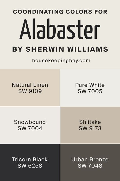 Alabaster SW 7008 by Sherwin Williams | Coordinating Colors Bronze Sherwin Williams, Colors That Go With Snowbound, Shiitake Paint Sherwin Williams, Sherwin Williams Shiitake Coordinating Colors, Alabaster Board And Batten, Sherwin Williams Alabaster And Tricorn Black, Nutshell Sherwin Williams, Sw Snowbound Coordinating Colors, Neutral Bedroom Paint Colors Sherwin Williams