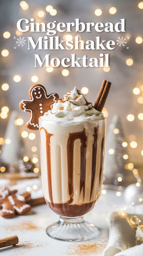 "Indulge in the festive spirit with this delightful Gingerbread Milkshake Mocktail recipe! Perfect for the holidays, this creamy holiday milkshake combines the warm flavors of gingerbread, making it a must-try among festive drink recipes. Enjoy this non-alcoholic cocktail as a sweet treat for Christmas gatherings or cozy winter evenings. Discover more winter beverage ideas and elevate your holiday celebrations with this delicious gingerbread mocktail!" Gingerbread Mocktail Recipe, Christmas Milkshake Ideas, Cold Christmas Drinks, Xmas Drinks Non Alcoholic, New Years Treats Ideas, Fun Christmas Drinks For Kids, Mocktail Recipe Winter, Gingerbread Cocktail Recipes, Gingerbread Mocktail