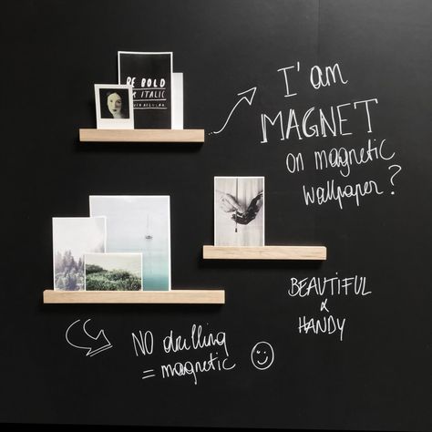 Magnetic Shelves, Magnetic Chalkboard Wall, Magnetic Wallpaper, Pin Board Ideas, Black Painted Walls, Magnetic Paint, Blackboard Wall, Chalk Wall, Polaroid Wall