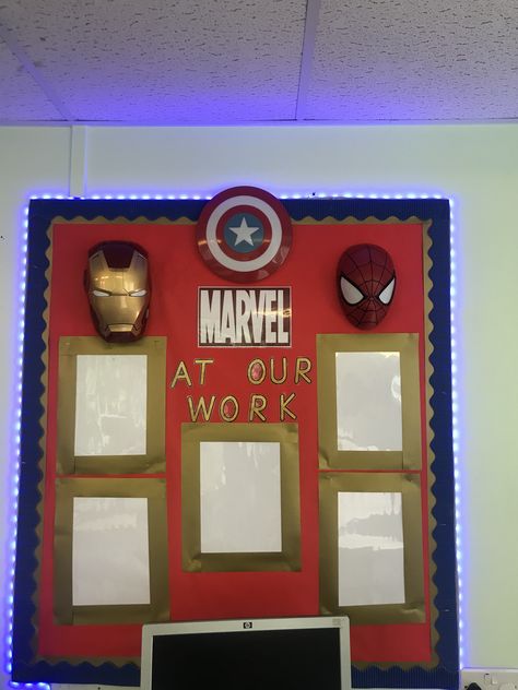 Marvel Classroom Decorations, Avengers Classroom Theme, Marvel Classroom Theme, Spiderman Classroom, Superhero Classroom Bulletin Boards, Year 3 Classroom, Marvel Classroom, Class Charter, Iron Man Theme