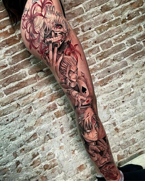 Anime Leg Tattoo Ideas, Anime Leg Tattoos Women, Anime Leg Tattoo Men, Naruto Leg Tattoo, Anime Leg Sleeve Tattoo, Full Leg Sleeve Tattoo Female, Itachi Tattoos, Anime Sleeve Tattoo, Bleach Tattoo