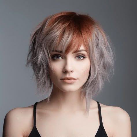 Cool Grey Hairstyles, Shaved Inverted Bob, Asymmetrical Edgy Hair, Edgy Shag Haircut With Bangs Short, Inverted Bob Shag, Short Hair With Bangs For Thinning Hair, Shag Bob Thick Hair, Short Haircuts Choppy Layers, Shaggy Asymmetrical Bob