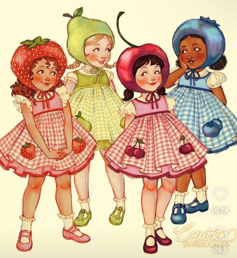 Cherry Cuddler Strawberry Shortcake, Fruit People Drawing, Old Strawberry Shortcake Characters, Strawberry Shortcake Drawings, Fruit Outfits Drawing, Cute Cartoon Style, Strawberry Shortcake Oc, Strawberry Shortcake App Icon, Strawberry Shortcake Princess