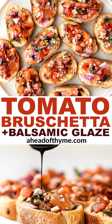 Tomato Bruschetta with Balsamic Glaze Crostini Appetizers Tomato, Baked Bruchetta Appetizers, Balsamic Bruchetta Recipe, Bruschetta Balsamic Glaze, Tomato Brushetta Appetizers, Dinner Appetizer Recipes, Bruschetta Recipe With Balsamic Glaze, Brushetta Recipes With Balsamic, Tomato Bruschetta With Balsamic Glaze