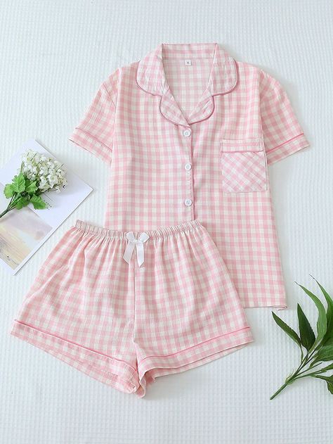 2pcs Women's Plaid Print Short Sleeve Button-Down Pajama Set With Shorts, Summer Loungewear Pink Casual-Young,Casual-Woman    Plaid Short Sets Slight Stretch Summer,Spring/Summer Women Sleep & Lounge, size features are:Bust: ,Length: ,Sleeve Length: Shein Pjs Set, Short Pjs Pyjama Sets, Shein Pyjama Set, Matching Pj Sets For Couples, Dollete Pajamas, Cute Aesthetic Pjs, Ulzzang Pajamas, Preppy Pajamas Set, Cutecore Pajamas