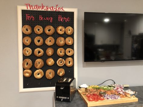 Thanks-A-Lox For Being Here Bagel Bar! Peg board spray painted black, dowels cut into pegs (painted silver), frame from ikea, lettering by Cricut. Add a charcuterie board of LOX, cream cheeses, radishes, cucumbers, dill, capers, red onions, etc. Yummy! Bagel Bar, A Charcuterie Board, Apartment Life, Red Onions, Radishes, Peg Board, Silver Frame, Charcuterie Board, Red Onion