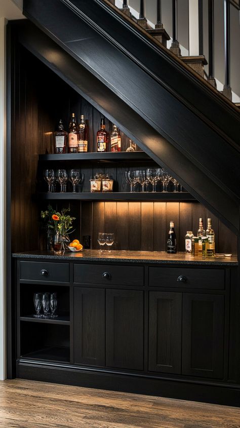 Staircase Bar Under Stairs, Under Staircase Bar Ideas, Bar Area Under Stairs, Under The Stair Bar, Under Stair Liquor Storage, Under Stairs Bar Ideas Built Ins, Hallway Ideas Under Stairs, Under Stairs Bar Ideas Staircases, Understair Wine Store