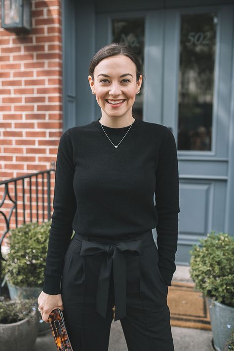 Fall Staple: The Black Cashmere Sweater - CARLY Black Cashmere Sweater Outfit, Sweater Outfits 2023, Cashmere Sweater Outfit, Carly The Prepster, Black Cashmere Sweater, Fall Staples, Black Slacks, Cute Sweater, Cute Sweaters