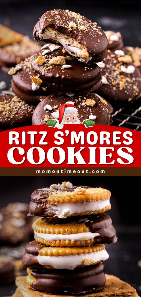 Ritz S'mores Cookies! They're a must-try Christmas cookie recipe. Filled with marshmallow creme, coated in chocolate, then topped with graham cracker crumbs, these Ritz cracker cookies are tasty! Check out how to decorate this Christmas dessert idea! Ritz Smores Cracker Cookies, Rolo Ritz Cracker Cookies, Ritz Cracker Cookies Peanut Butter, Graham Cracker Cookies Recipe, Christmas Marshmallow Treats, Christmas Treats With Marshmallows, Ritz Cracker Christmas Treats, Christmas Cookie Tray Presentation, Ritz Smores