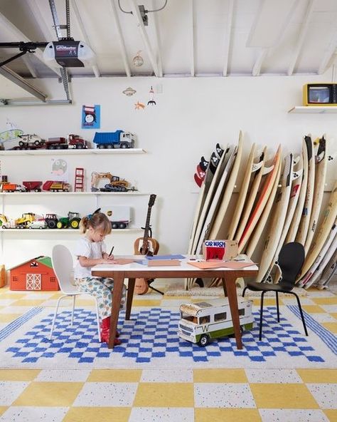 Playroom Garage, Mid Century Headboard, Kids Garage, Garage Playroom, Garage Design Interior, Kids Play Spaces, Colorful Playroom, West Elm Kids, Expandable Dining Table