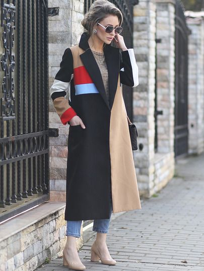 Multicolor Lapel Color Block Coat Color Block Coats, Mode Mantel, Colour Blocking, Sneakers Outfit, Fashion Colours, Coat Fashion, Long Coat, Parka, Color Block