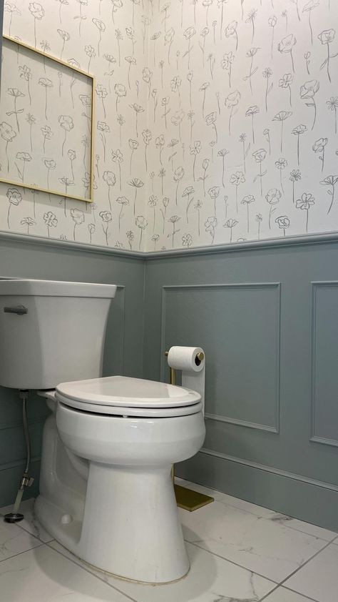 huntersofhappiness on Instagram: Still OBSESSED #diywallpaper #handpainted #handpaintedwallpaper #watercloset #bathroomremodel Panelled Small Bathroom, Panelled Wc, Small Wc Panelling, Small Toilet With Panelling, Panelled Toilet, Panelling Toilet, Panelled Downstairs Toilet, Panelled Bathrooms, Panel Downstairs Toilet