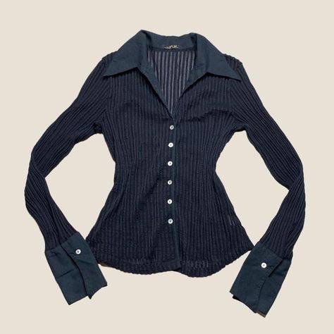 Flared Shirts Blouses, Flared Long Sleeve Top, 90s Tops Women, Dark Blue Shirt Outfit Woman, Dark Blue Shirt Outfit, Dark Blue Outfit Aesthetic, Dark Blue Clothes, Dark Blue Dress Shirt, Dark Blue Outfit