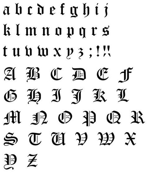 Magnifiques lettres gothiques "old english" en pochoir. Chaque lettre est découpée séparément.Contient :26 lettres majuscules + 26 lettres minuscules + ponctuationEn plastique épais 400 microns, pour les usages répétés ou intensifs.Nous conseillons de peindre ces lettres avec la peinture à l'huile solide Fonts Alphabet Old English, Latin Quote Tattoos For Women, 333 Tattoo Fonts, Tattoo Fonts Numbers, Alphabet Old English, Latin Quote Tattoos, Pretty Cursive Fonts, 333 Tattoo, Historical Fonts