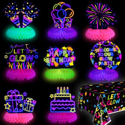 PRICES MAY VARY. What You Will Get - 8 x glow honeycomb table centerpieces, 1 x LET'S GLOW tablecloth. Delicate designs and diverse styles can meet your desktop decoration's different needs, making your party more attractive and impressive. Glow Design - Glow Honeycomb Centerpiece Glows Under A Specific Purple Ultraviolet Light, But Tablecloth Do Not Glow In The Dark Or Under Black Light. The collision of neon colors can bring you different visual enjoyment and brighten your party. Reliable Qual Neon Table, Glow Party Decorations, Glow Theme Party, Neon Decorations, Honeycomb Centerpiece, Neon Party Decorations, Combined Birthday Parties, Campfire Party, Glow Table