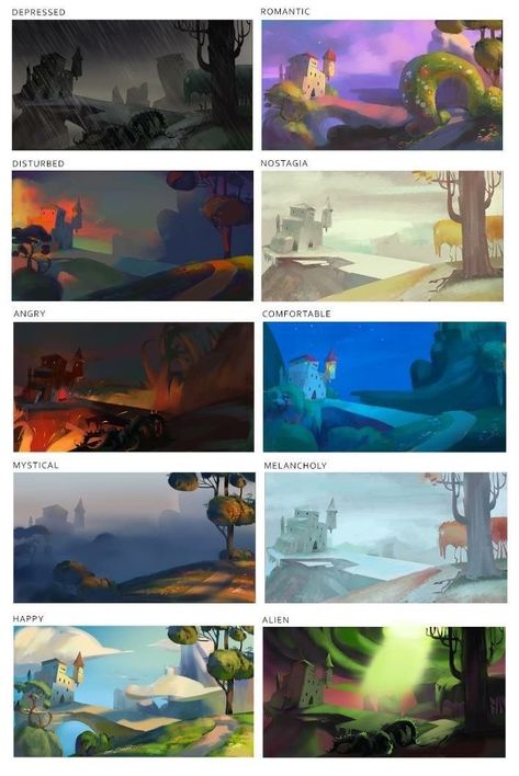 Color Mood Illustration, Color Combinations Painting, Color Keys Concept Art, Animation Background Art Illustration, Game Landscape Concept Art, Color Story Board, Color Key Concept Art, Color Script Animation, Landscape Thumbnails