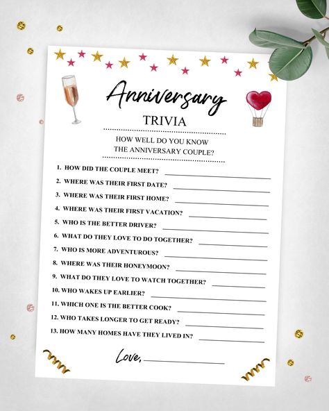 Anniversary Trivia. Party Keepsake Game. 25th, 30th, 40th, 50th, 60th Anniversary At Home Game. Instant Digital Download. Printable Game. https://etsy.me/3d1XLXv #gold #anniversary #red #anniversarygame #anniversarygames #couplegames #anniversaryparty #anniversarytrivia #triviagame 50th Wedding Anniversary Party Ideas, 20th Anniversary Ideas, 60th Wedding Anniversary Party, Trivia Party, 60th Anniversary Parties, 50th Year Wedding Anniversary, 50th Wedding Anniversary Decorations, Anniversary Party Games, 30th Anniversary Parties