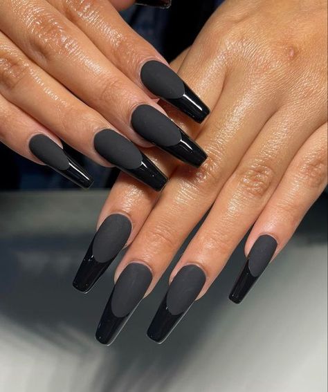 19 Chic Black Nail Ideas for Winter 2023-2024 Nail Ideas Matte And Gloss, Black Half Matte Nails, Matte Black Nails With Glossy Tips Coffin, Matte Black French Tip Nails Coffin, Black Medium Coffin Acrylic Nails, Black Acrylic Nails Matte, Matte Black Ombre Nails, Black Matte Nails Coffin, Makeup Improvement