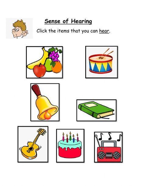 Sense of Hearing - Interactive worksheet Sense Of Hearing Worksheet, Sense Of Hearing Activities Preschool, Science Grade 1, Five Senses Activities, Evs Worksheet, Body Parts Preschool Activities, Five Senses Preschool, Sense Organs, Sense Of Hearing