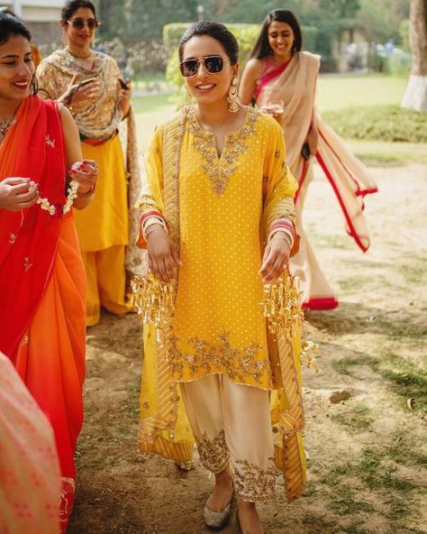 Breathtaking Wedding With A Bride Who Wore A Sharara With Her Mother's Bridal Dupatta | WedMeGood Haldi Outfit For Mom, Haldi Ceremony Outfit For Mom, Punjabi Haldi Ceremony Outfit, Suits For Haldi Ceremony, Henna Outfits, Punjabi Suit For Wedding, Mayun Bride, Mehandi Outfits, Mehndi Function