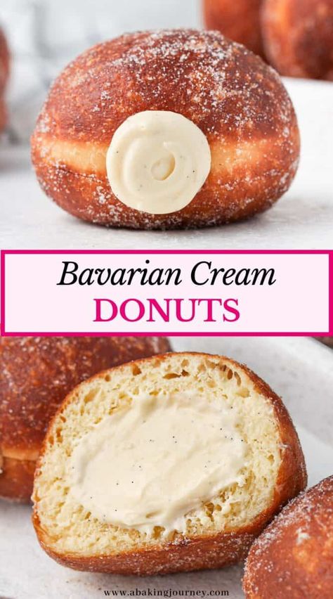 Homemade Bavarian Cream, Cream Donut Recipe, Bavarian Cream Filling, Brioche Donuts, Boston Cream Donut, Cream Filled Donuts, Donuts Recipes, Cream Donut, Homemade Donuts Recipe