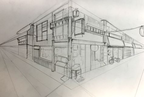 Two Point Perspective Sketch, Two Point Perspective Room, Manga Buildings, House In Perspective, Perspective 2 Point, Two Point Perspective City, 2 Point Perspective City, Two Point Perspective Drawing, City Perspective