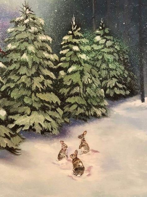 Bunny Painting, Winter Animals, Winter Wallpaper, Winter Art, Vintage Winter, Dreamy Art, Christmas Paintings, Christmas Illustration, Christmas Aesthetic