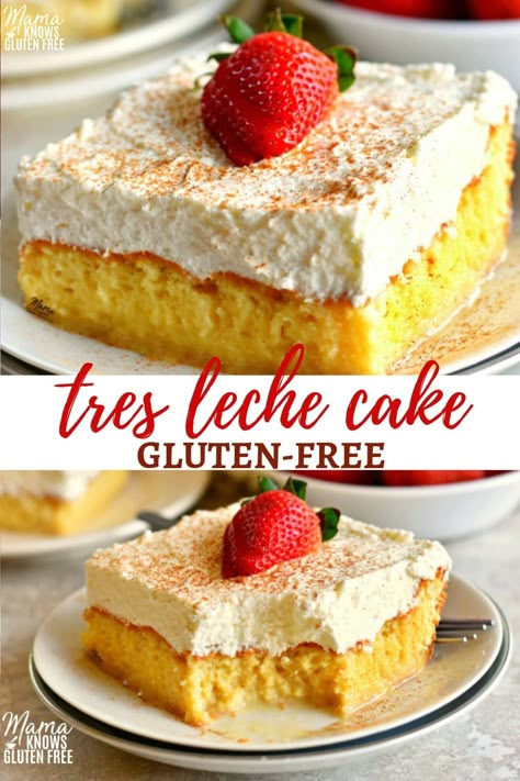 Really good! Authentic homemade gluten-free Tres Leches Cake. Sponge cake soaked in sweet milk and topped with fresh whipped cream. #glutenfreerecipes #glutenfreecake Gluten Free Tres Leches Cake, Gluten Free Tres Leches, Healthy Vegan Dessert, Cookies Sans Gluten, Glutenfri Baking, Leche Cake, Tres Leches Cake Recipe, Gluten Free Desserts Healthy, Fresh Whipped Cream