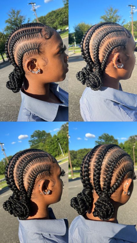 Feed Ins Hairstyles For Black Women, Feed Ins With Two Buns, Quick And Easy Braid Hairstyles For Black Women, Braided 2 Buns For Black Hair, Cute Feed In Braids Styles With Bun, Six Feedin Braids With Bun, 4 Braids Cornrows Black Women, Feed Ins Two Buns, Black Women Feed In Braid Styles