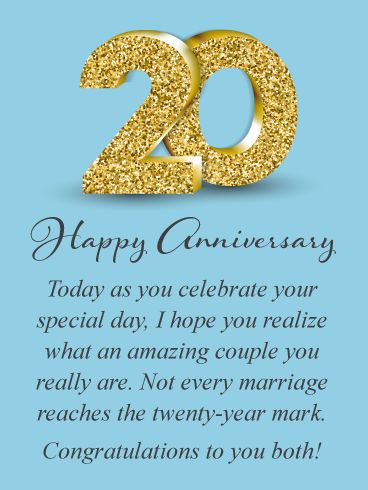 This fabulous anniversary card features a fantastic sparkling golden number 20! It will certainly add some excitement to the happy couple’s big milestone wedding anniversary. This card will allow you to wish this amazing couple a happy anniversary and let them know how much you care. Not every marriage lasts 20 years, so this milestone is a big deal! Let them know how big it really is by sending this special greeting card on its way! Happy 20th Anniversary Wishes, 20th Wedding Anniversary Quotes, 20th Anniversary Quotes, 20th Anniversary Wishes, Happy 20th Wedding Anniversary, Anniversary For Couple, Happy Anniversary Mom Dad, Anniversary Wishes For Parents, 20th Anniversary Cards