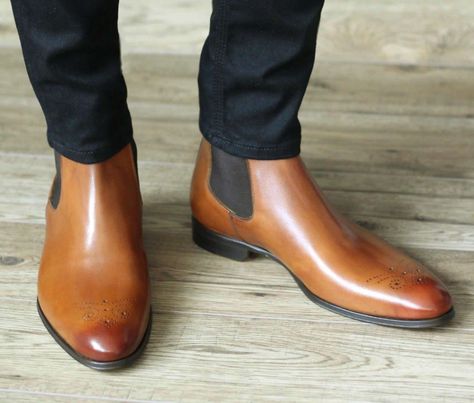 Tan Brogues, Brogue Chelsea Boots, Smart Clothes, Chelsea Shoes, Custom Cowboy Boots, Outfit Hombre, Black Leather Chelsea Boots, Mens Dress Boots, Classy Shoes