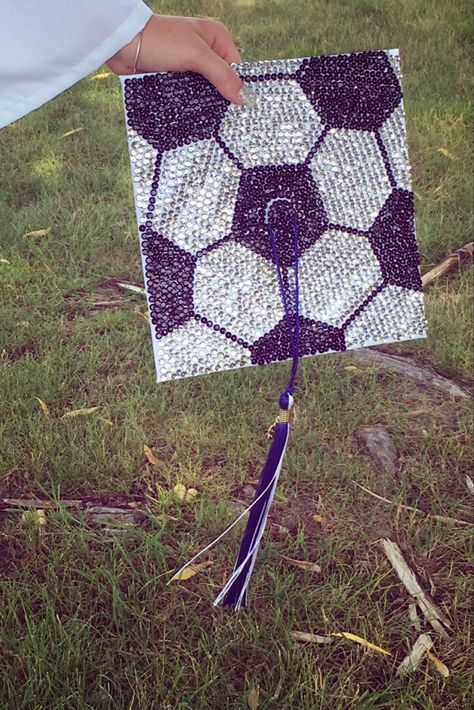 Football Grad Cap Ideas, Grad Cap Ideas Boys, Graduation Cap Designs Soccer, Soccer Graduation Cap Ideas, Soccer Graduation Party Ideas, Graduation Cap Designs Football, Soccer Graduation Cap, Graduation Cap Designs Boys, Beaded Caps Graduation