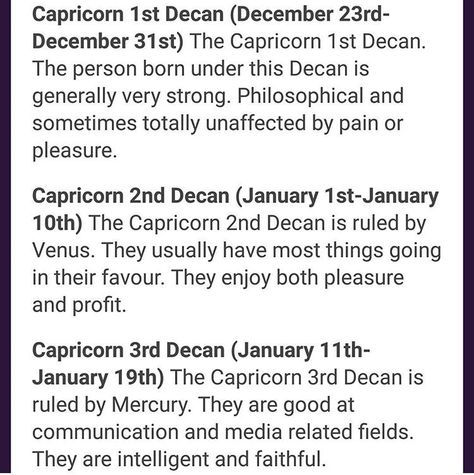 Capricorn decans Capricorn Ascendant, Astrology Capricorn, Jyotish Astrology, Capricorn Life, Capricorn Traits, Capricorn Facts, Birth Chart Astrology, Tarot Astrology, Zodiac Society