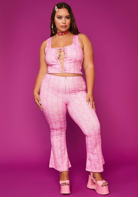 Plus Size Kawaii Fashion, 90s Early 2000s Fashion, Plus Size Kawaii, Punk Plaid, Platforms Shoes, Printed Flare Pants, Early 2000s Fashion, 2000s Outfits, Outfits Y2k