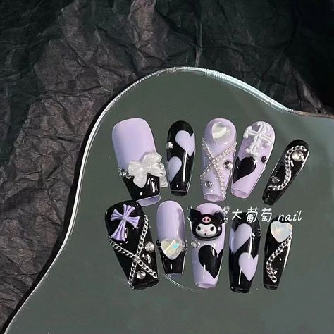 Kuromi Coffin, Black And Purple Nails, Nails Images, Paznokcie Hello Kitty, Natural Nail Art, Purple Nail Art, Purple Cross, Anime Nails, Perfect Gift For Girlfriend