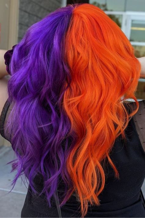 Purple And Orange Hair Orange Hair Ideas, Purple And Orange Hair, Orange Hair Color Ideas, Orange Hair Color, Orange Hair Dye, Hidden Hair Color, Dyed Curly Hair, Hair Color Orange, Split Dyed Hair