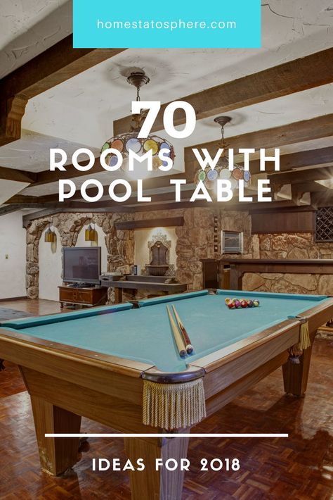 Billiard table in a rustic room with low ceiling, stoned wall and dark flooring accentuated with colorful drop light in the middle.  #home #pooltable #entertainment Room With Low Ceiling, Basement Pool Table Room, Rustic Pool Table Lights, Billiards Room Decor, Finish A Basement, Home Theater Room, Pool Table Games, Entertainment Rooms, Pool Table Room