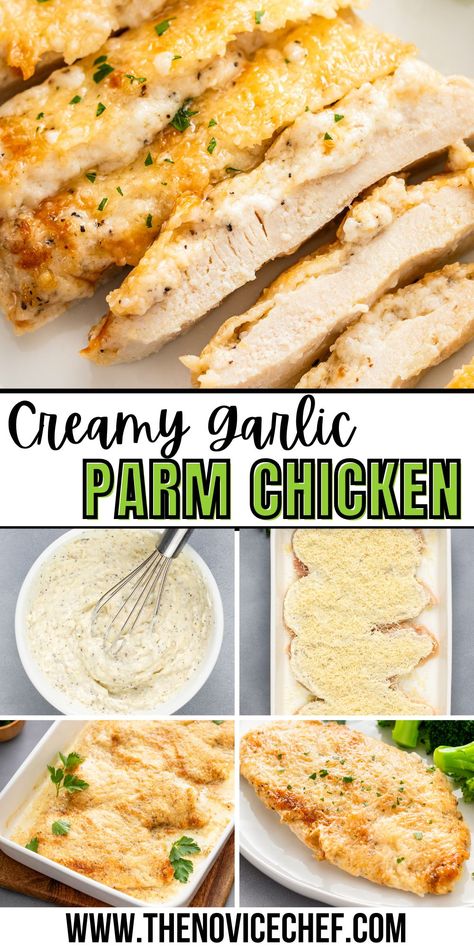 This creamy Garlic Parmesan Chicken recipe is a low-carb recipe made easily with just 4 simple ingredients! Tender and juicy chicken breasts are smothered in a rich garlic parmesan sauce, perfect for pairing with pasta, rice, or veggies. Baked Chicken Recipes Low Carb, Cheesy Garlic Baked Chicken, Quick Creamy Chicken Recipes, Chicken Parm Recipes Easy, Chicken Tenderloin And Rice Recipes, Chicken With Parmesan Garlic Sauce, Parmasean Chicken Recipe Baked, Sweet Baby Rays Garlic Parmesan Chicken, Easy Low Carb Chicken Recipes