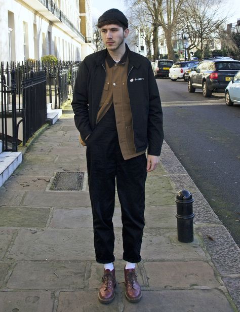 David wearing the Oxblood Leather Church Boot. Men Style Doc Martens, Duck Boots Outfit Men, Monkey Boots Men Outfit, Man Doc Martens Outfit, Styling Doc Martens Men, Men’s Docs Outfit, Men’s Fashion Doc Martens, Monkey Boots, 1950s Jacket Mens