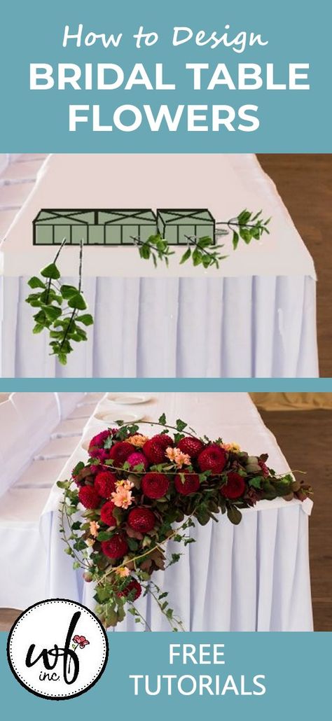 Diy Sweetheart Table Floral Arrangement, Bridal Head Table Decorations, Draping Flower Arrangements, Bride And Groom Centerpiece Table, How To Make Flower Arch, Diy Wedding Table Flowers, Diy Head Table Floral Arrangement, How To Make Floral Arrangements For Arch, Diy Sweetheart Table Flowers