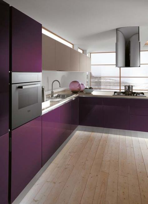 kitchen cabinets design modern color ideas Purple Kitchen Cabinets, Modular Kitchen Colour Combination, Scavolini Kitchens, Italy Kitchen, Kitchen Colour Combination, White Tile Backsplash, Purple Kitchen, House Redesign, Kitchen Dimensions