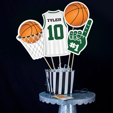 "Basketball Centerpieces in Green great for birthday parties, baby showers, football banquette's and more! The files are set up to print on 8.5 x 11\" Paper 2 Pages of Football Cutouts Centerpieces Setup to print on 8.5 x 11\" Paper Templates can be edited by you on a computer, phone or table - no software needed! ------------------------------------ TRY BEFORE YOU BUY IT ------------------------------------ Demo the centerpieces first, simply copy and paste the below url into your web browser: March Madness Centerpieces, Basketball Table Centerpiece, Basketball Centerpiece Ideas Banquet, Basketball Party Centerpieces, Basketball Banquet Centerpieces, Basketball Banquet Ideas, Basketball Centerpiece Ideas, Football Cutouts, Basketball Birthday Party Decorations