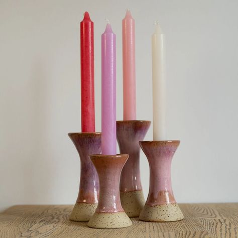 These ceramic candle holders were crafted on a pottery wheel using speckled cream-colored clay (933) from Goerg & Schneider. Each one features a unique glaze application, starting with 3 layers of Rose Quartz and a coating of Flux (Light or Dark) from Macyo. The final 3 layers of glaze vary for each candle holder, adding to their individual charm. Detailed glazing specifics for each piece will be shared in upcoming posts. Deze keramische kandelaars zijn gemaakt met een draaischijf. Ik gebrui... Wheel Thrown Pottery Candle Holders, Ceramic Candle Stick Holders, Colored Clay, Pottery Inspo, Air Dry Clay Projects, Painted Candles, Clay Craft, Ceramic Candle Holders, Ceramic Candle