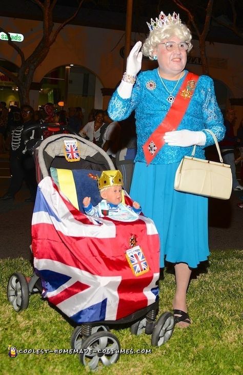 Here's my version of a Queen Elizabeth costume.  Queen Elizabeth is a big hit in West Hollywood (where more queens are needed). Many of the costume items a Queen Elizabeth Ii Costume, Queen Elizabeth Costume, Adult Costume Ideas, Elizabeth Costume, England Costume, Stroller Costume, Best Costume Ever, School Costume, Homemade Costume